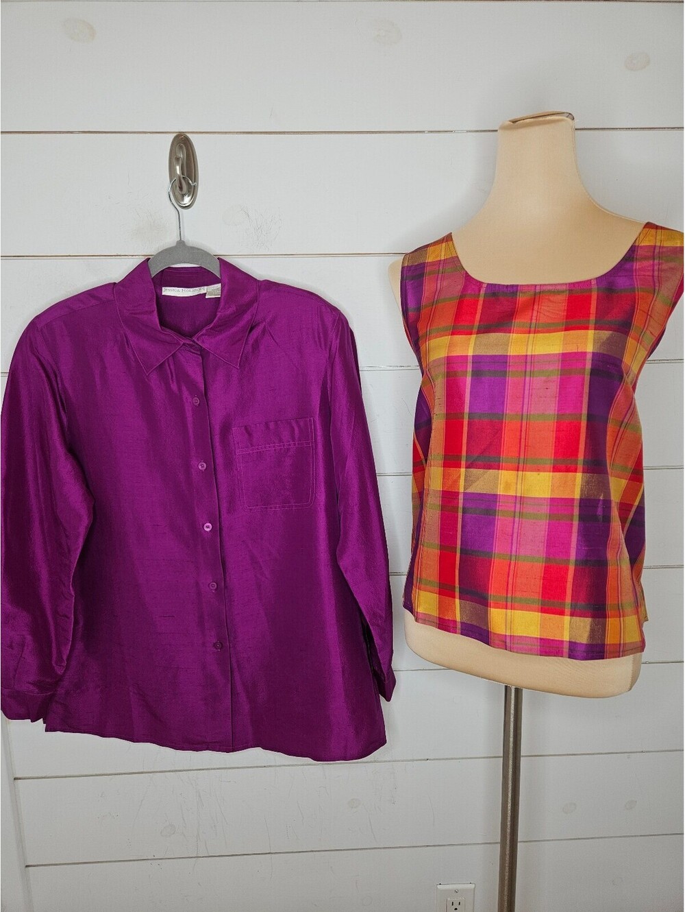 NWT Lot of Jessica Holbrook 100% silk purple blouse & plaid shell shirt set